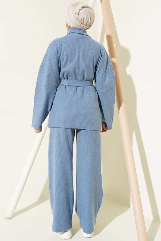 Abito doppio collo alto con cintura a coste Blu