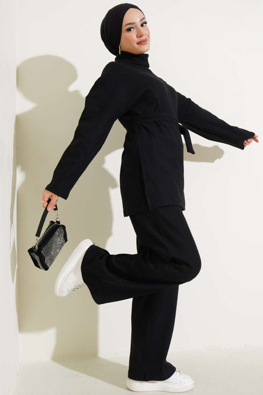 Ensemble deux pièces noir à col roulé côtelé et ceinture