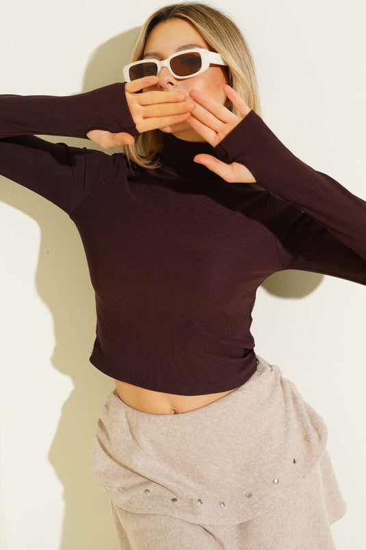 Balıkçı Yaka Fitilli Parmak Geçirmeli Crop Kahve