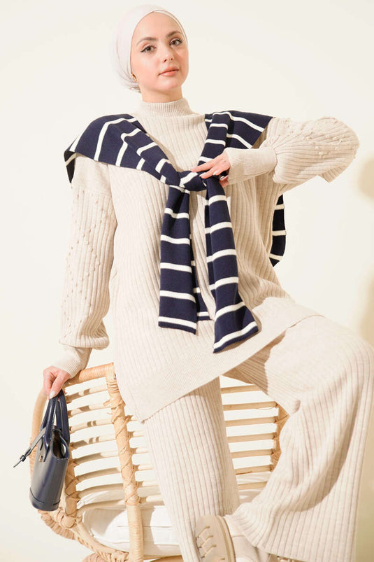 Balıkçı Yaka Fitilli Triko İkili Takım Bej