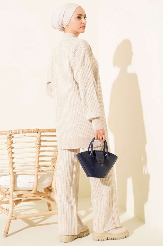 Balıkçı Yaka Fitilli Triko İkili Takım Bej