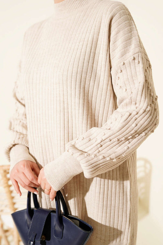 Fisherman Collar Ribbed Knit Two-Piece Set Beige