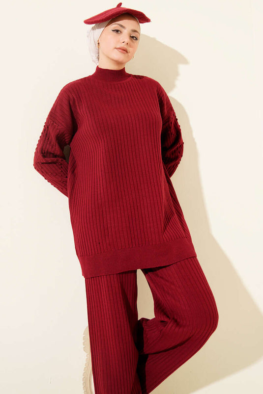 Balıkçı Yaka Fitilli Triko İkili Takım Bordo