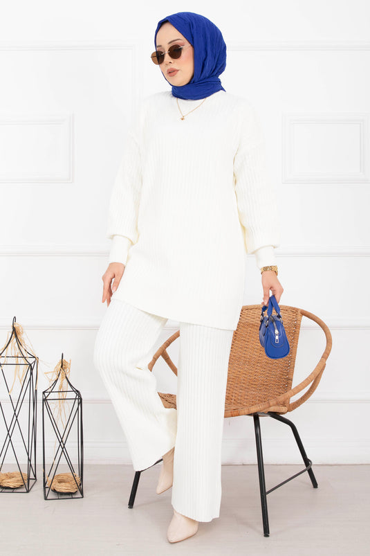 Fisherman Collar Ribbed Knit Two-Piece Set Ecru