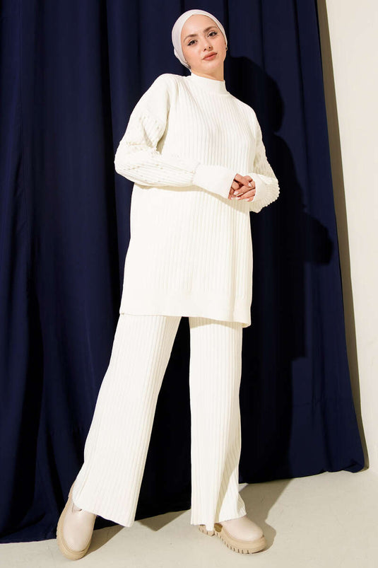 Balıkçı Yaka Fitilli Triko İkili Takım Ekru