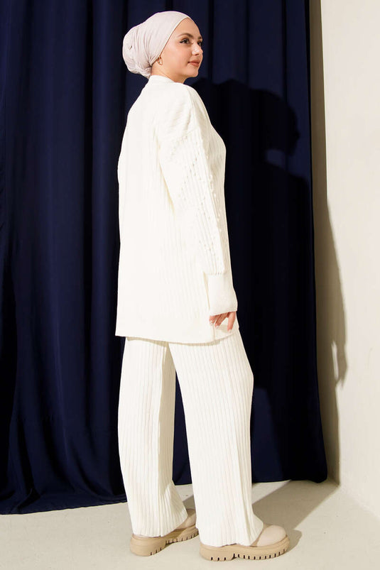 Balıkçı Yaka Fitilli Triko İkili Takım Ekru