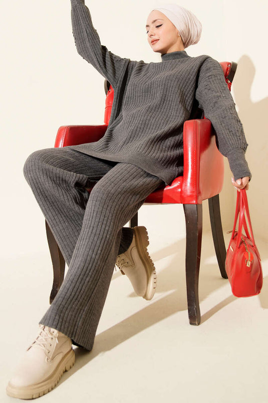 Ensemble En Maille Ajustée À Col Bateau En Gris Fumé