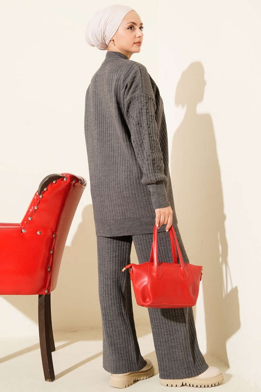 Balıkçı Yaka Fitilli Triko İkili Takım Füme