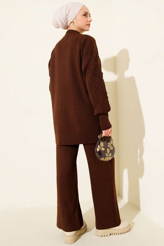 Balıkçı Yaka Fitilli Triko İkili Takım Kahve