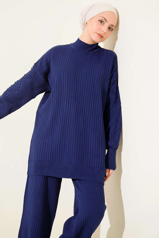 Ensemble De Pull En Maille Côtelée À Col Bateau Bleu Marine
