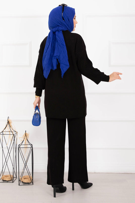 Ensemble double en tricot côtelé col marin noir