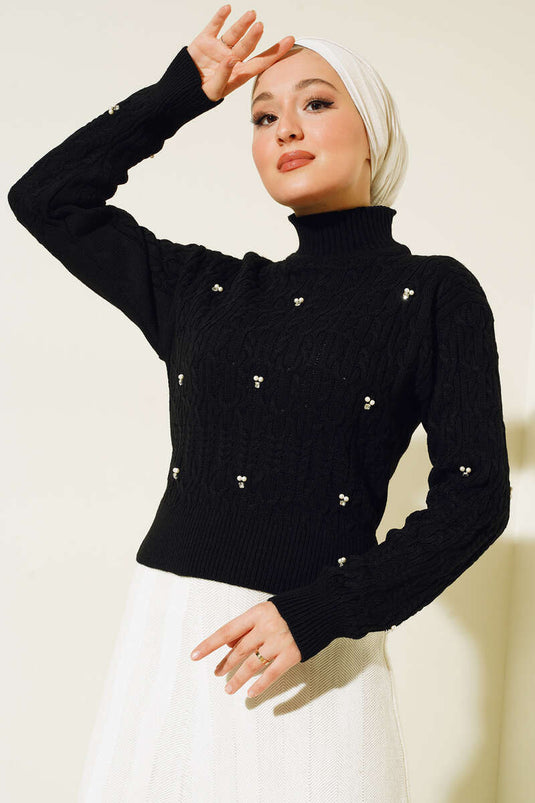 Pull En Maille À Col Roulé Orné De Perles Noir