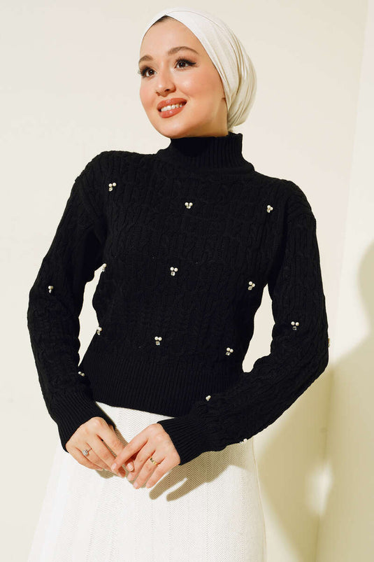 Pull En Maille À Col Roulé Orné De Perles Noir