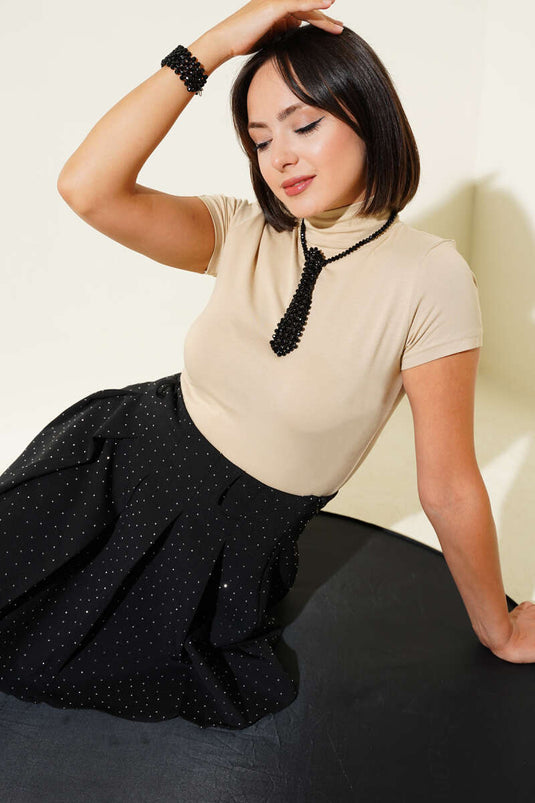 Beige Rollkragen-Body mit kurzen Ärmeln