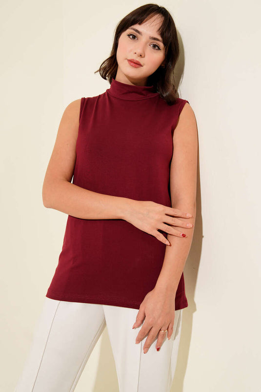 Burgundy Sleeveless Turtleneck Blouse