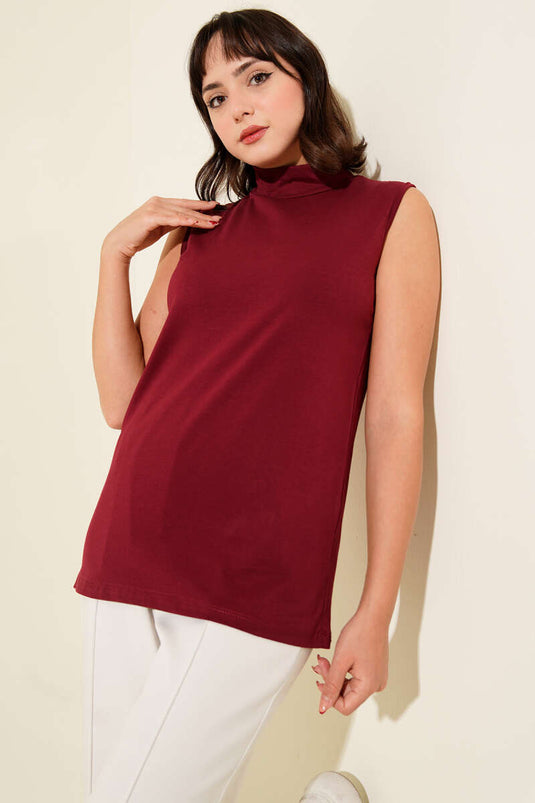 Burgundy Sleeveless Turtleneck Blouse