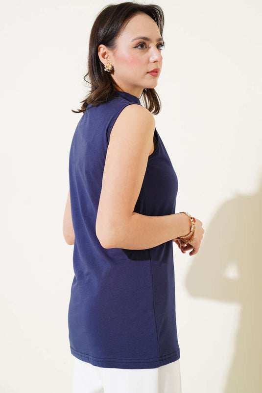 Blouse sans manches à col roulé, style parlementaire, col roulé