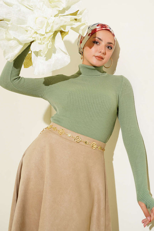 Turtleneck Thong Knit Sweater in Light Green