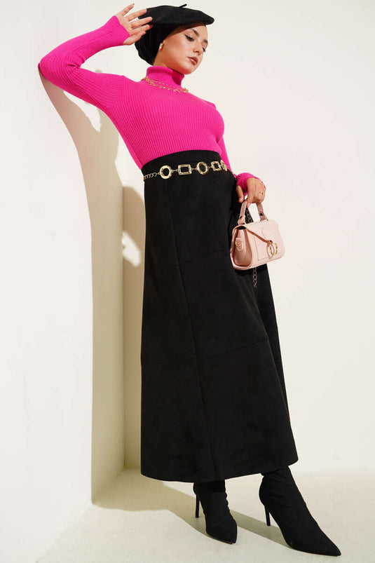 سترة محبوكة بياقة مدورة مطوية باللون الفوشيا