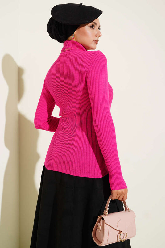 سترة محبوكة بياقة مدورة مطوية باللون الفوشيا