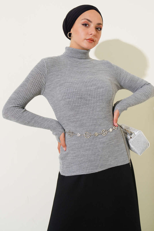 Turtleneck Finger-Tucked Knit Sweater Gray