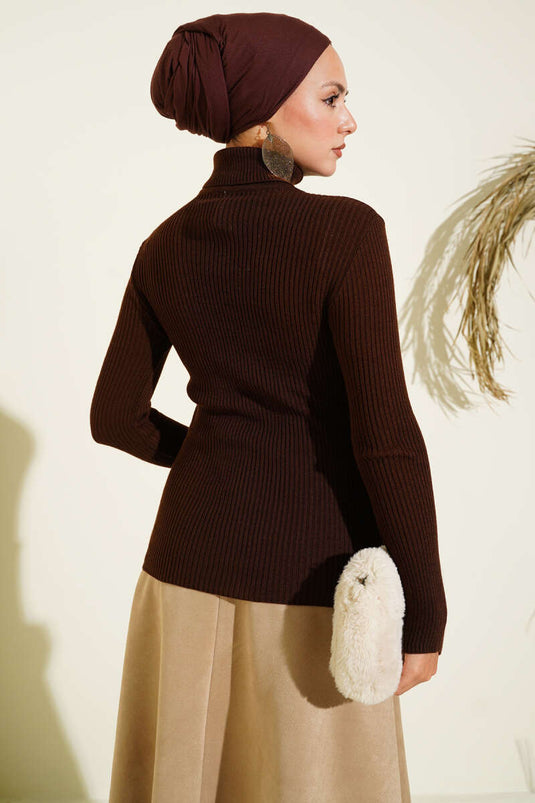 Turtleneck Thong Knit Sweater, Coffee