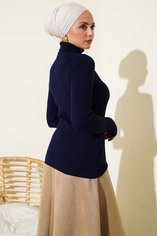 Pull col roulé en maille avec doigts rentrés bleu marine