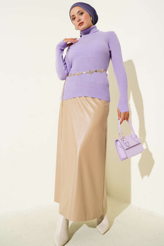 Pull en tricot à col roulé et doigts rentrés Lilas