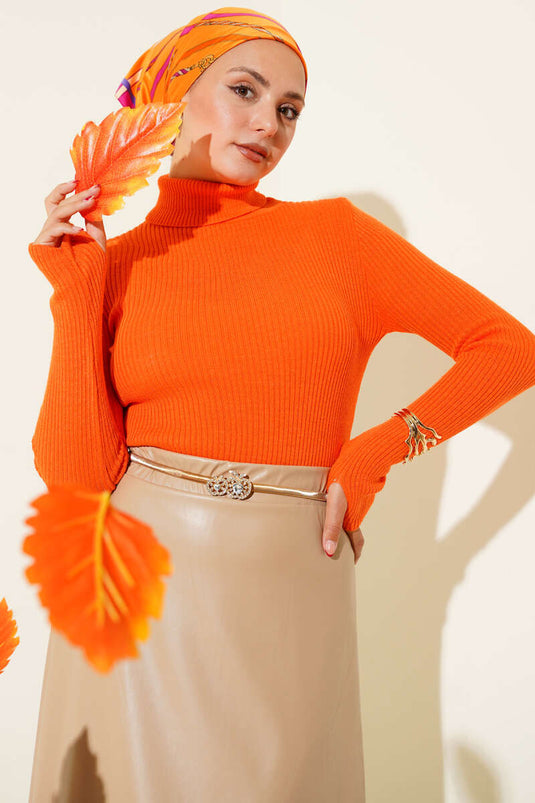 Turtleneck Finger-Tucked Knit Sweater Orange