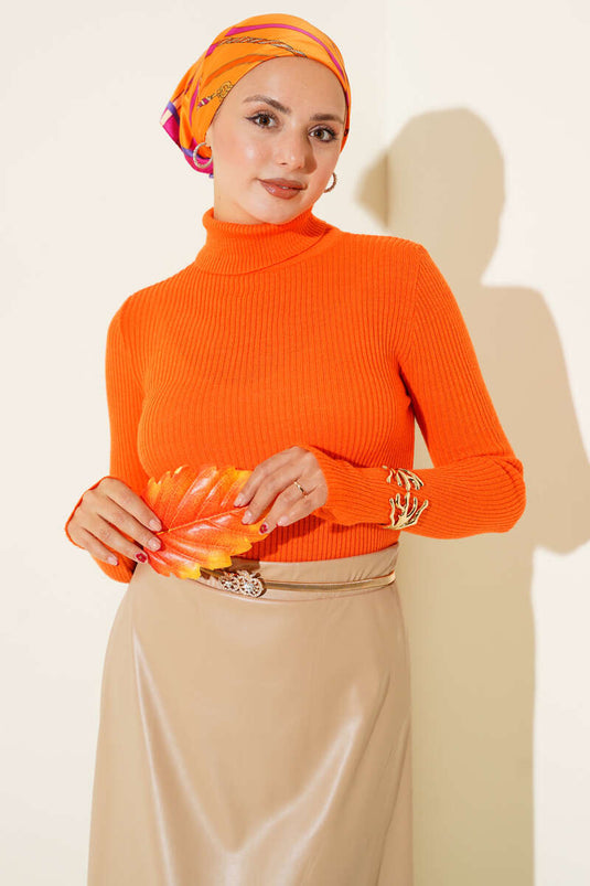 Turtleneck Finger-Tucked Knit Sweater Orange