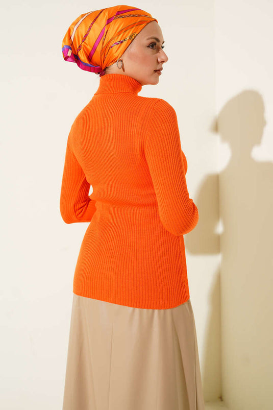 Turtleneck Finger-Tucked Knit Sweater Orange