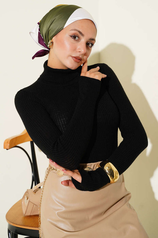 سترة محبوكة ذات ياقة مدورة ومطوية بأصابعك باللون الأسود