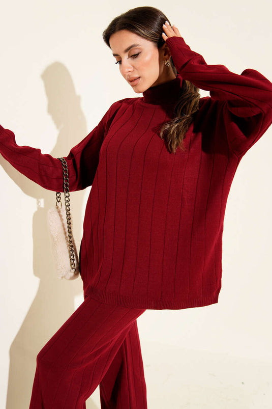 Fisherman Collar Knit Two-Piece Set, Burgundy