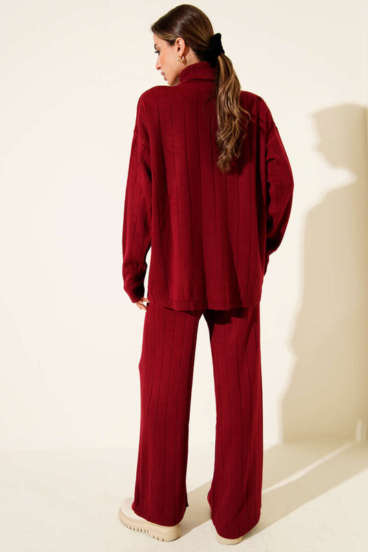 Fisherman Collar Knit Two-Piece Set, Burgundy