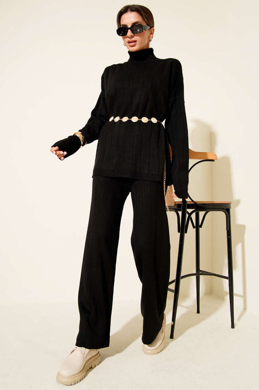 Fisherman Collar Knit Two-Piece Set, Black