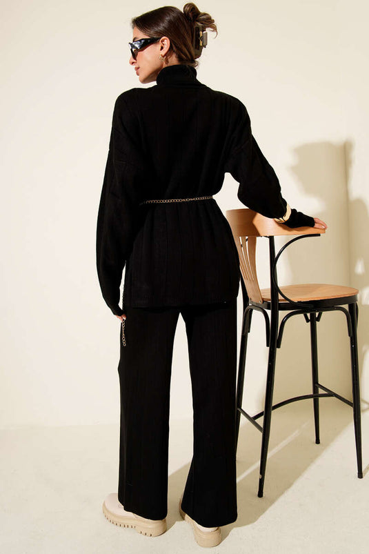 Fisherman Collar Knit Two-Piece Set, Black