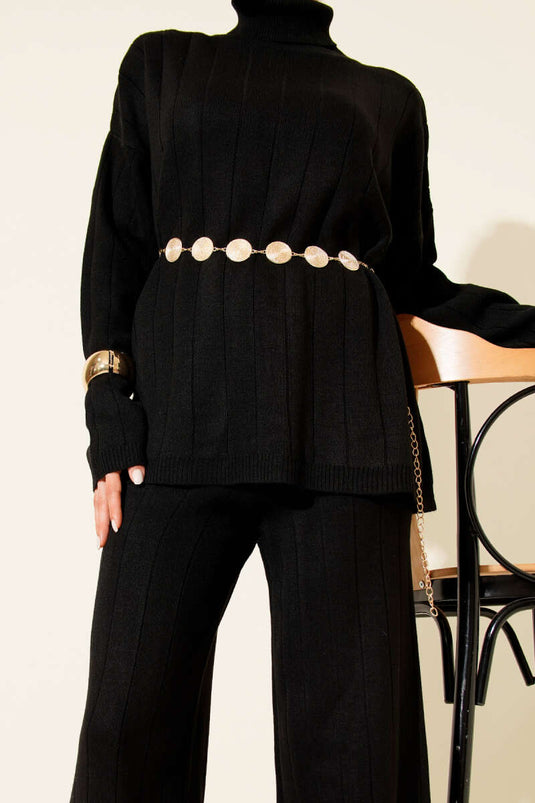 Completo due pezzi in maglia con colletto alla pescatora, nero