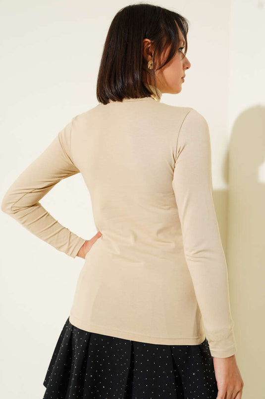 Turtleneck Long Sleeve Bodysuit Beige