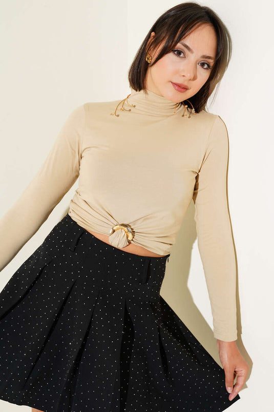 Turtleneck Long Sleeve Bodysuit Beige