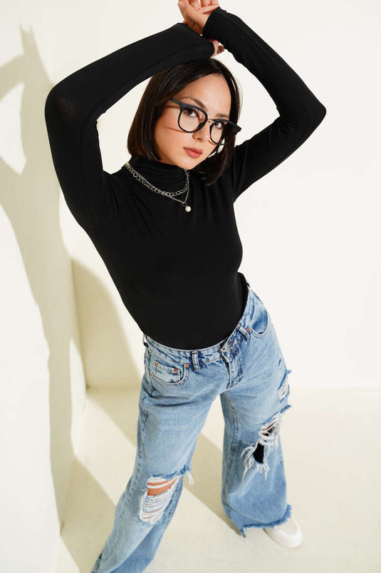 Black Turtleneck Long Sleeve Bodysuit
