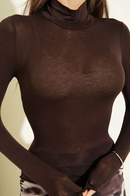 Vissershals Lange Mouw Effen Body Koffiekleur