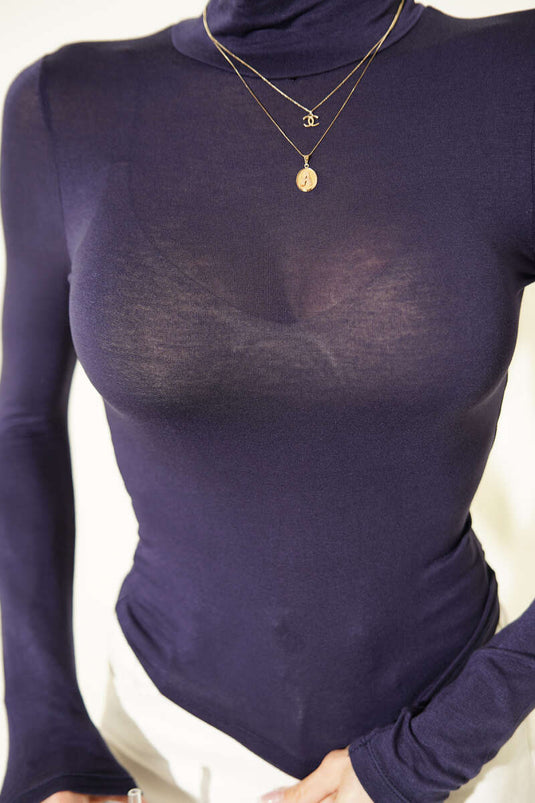 Body uni à col roulé et manches longues bleu marine
