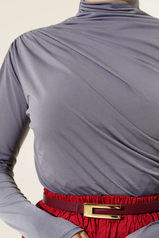 Turtleneck Sandy Blouse with Side Gathering, Slate Grey