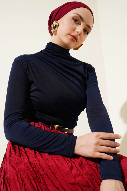 Sandy Blouse with Side Gathering and Turtleneck, Navy Blue