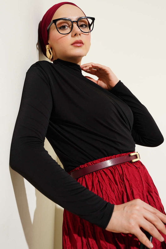 Turtleneck Side Gathered Sandy Blouse Black