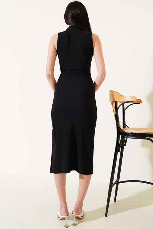 Turtleneck Slit Camisole Midi Dress Black