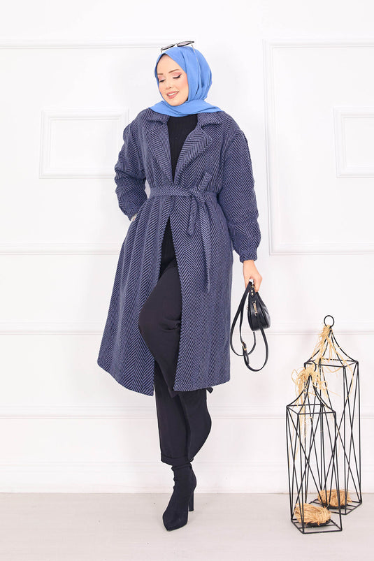 Fishbone Patterned Coat Indigo