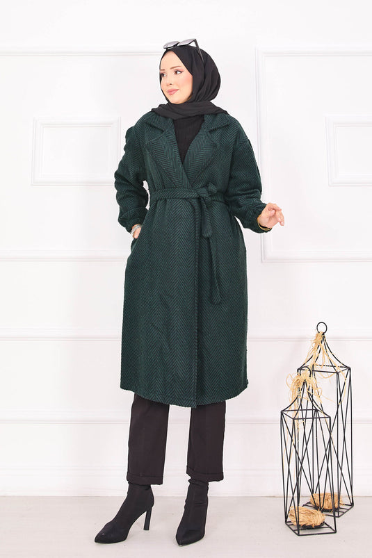 Fishbone Patterned Coat Emerald