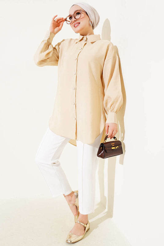 Balloon Sleeve Basic Shirt Beige