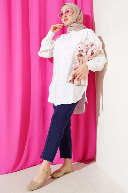 Balloon Sleeve Basic Shirt White
